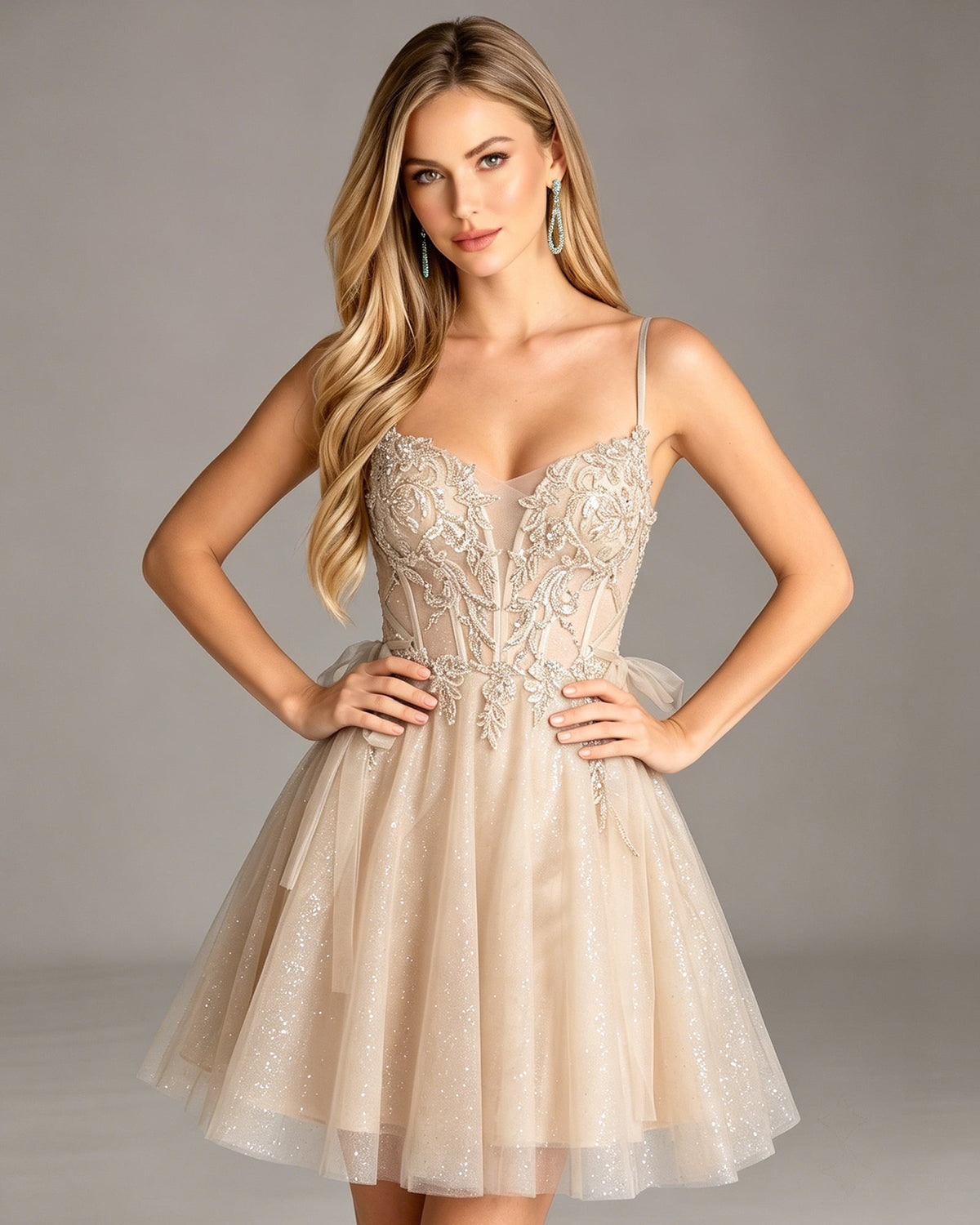 Sheer Corset Lace Applique Glitter Tulle Homecoming Dress