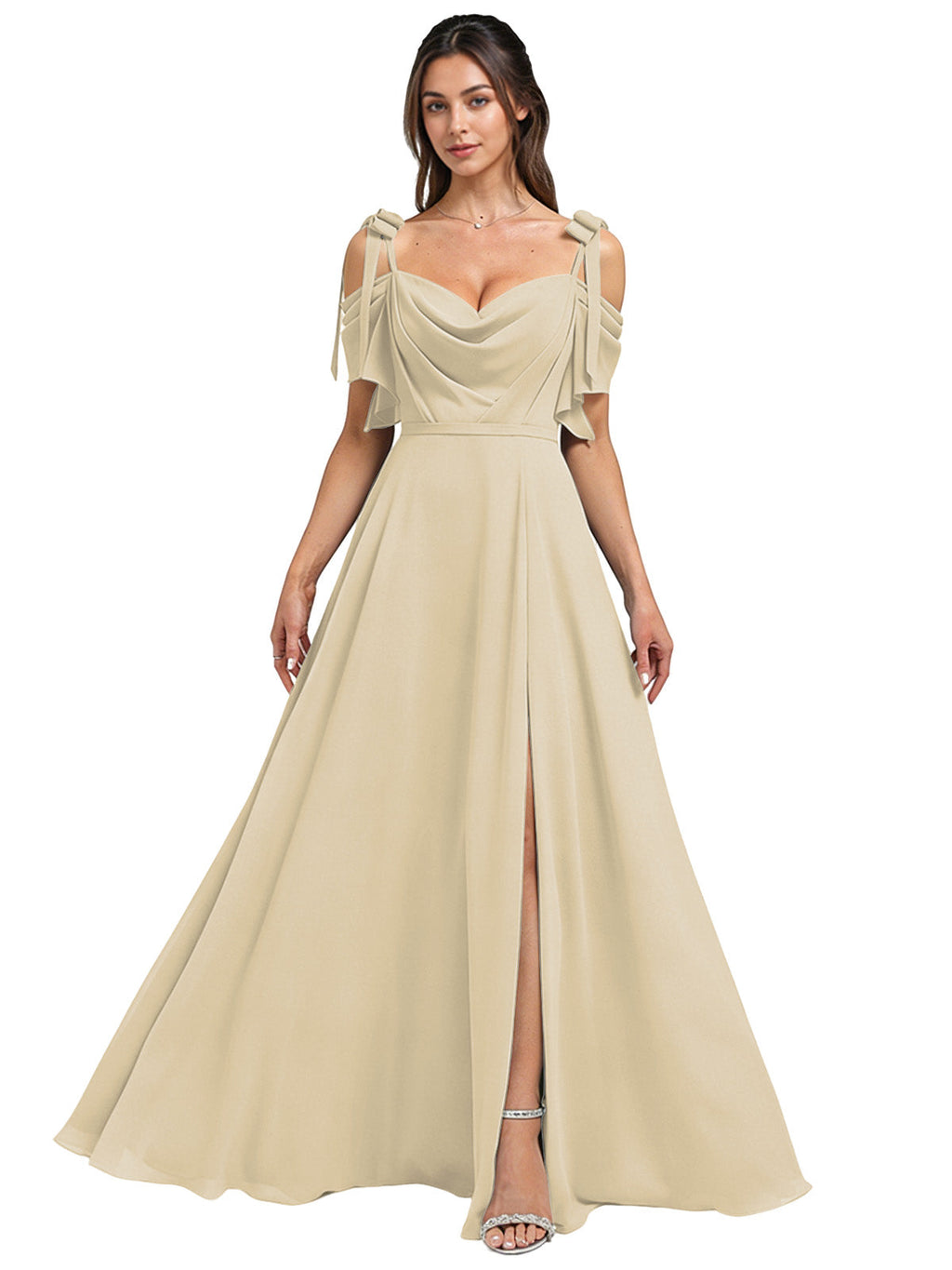 Cowl Neck Cold Shoulder Bridesmaid Dress with High Slit Chiffon Dress