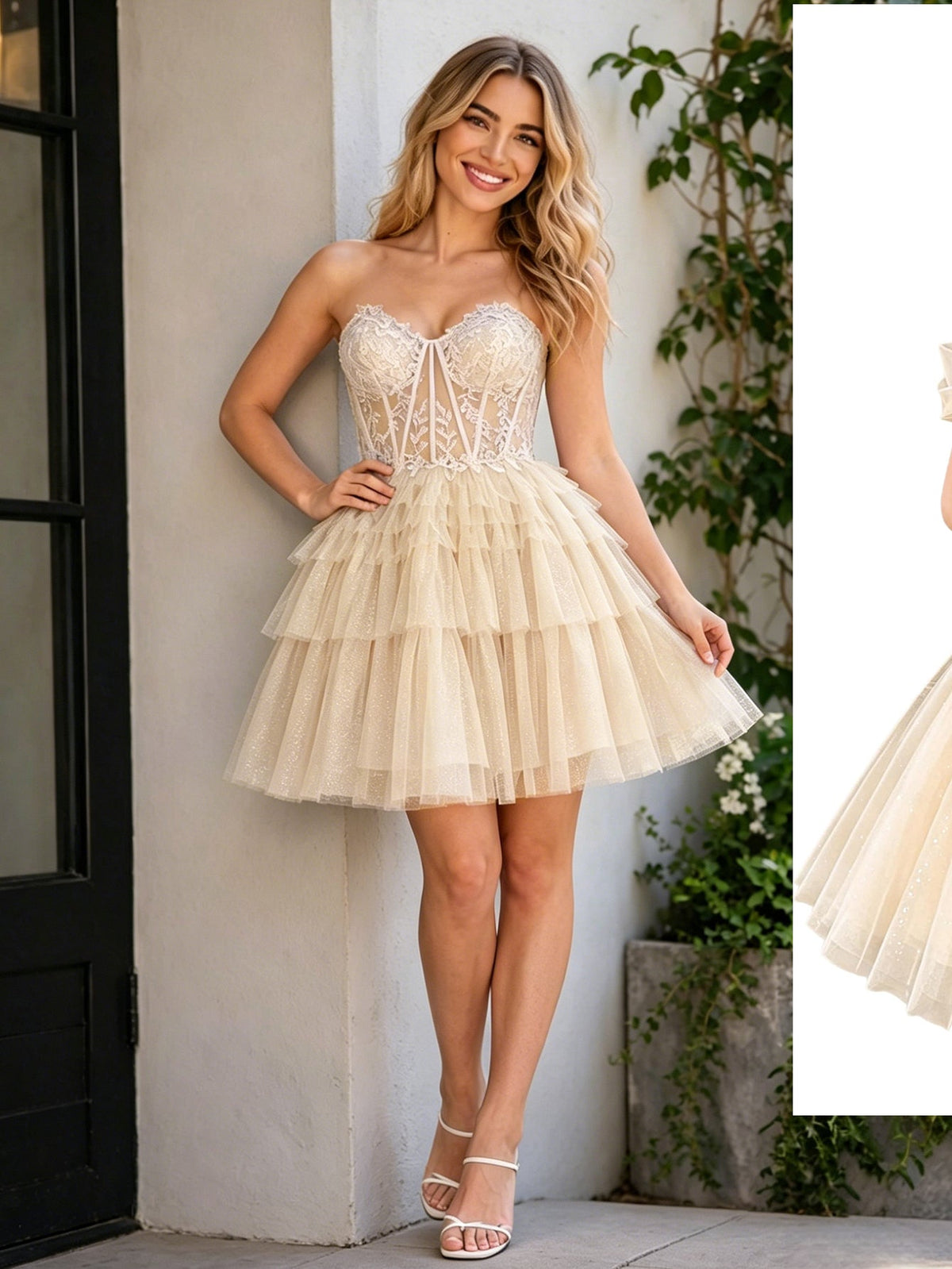 Strapless Lace Corset Homecoming Dress with Tiered Tulle Dress