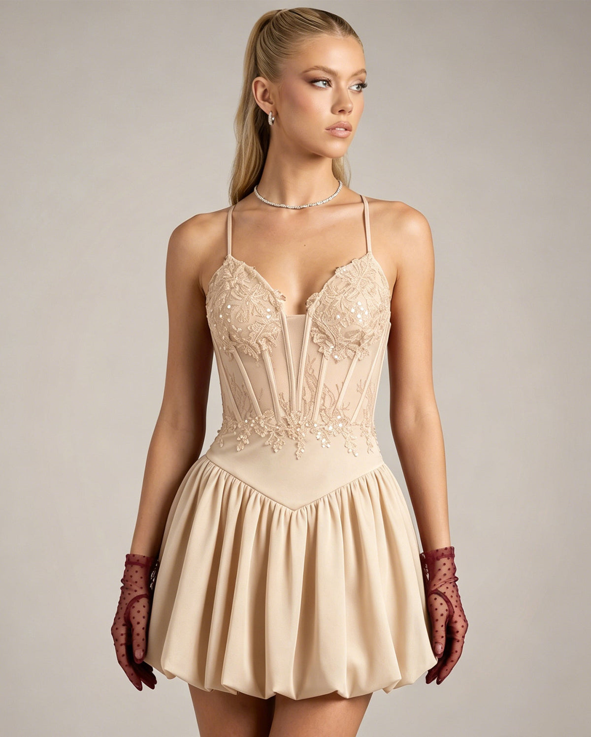 Spaghetti Strap Lace Corset Homecoming Dress with Flared Dress