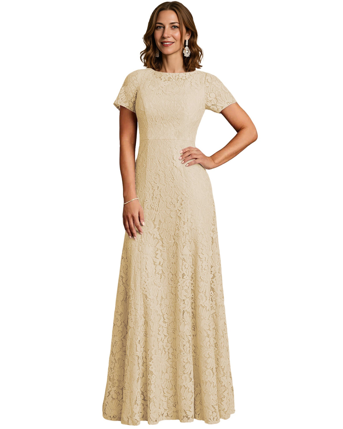 Long Lace Mother of the Bride Dress Short Sleeve Mermaid Gown with Crew Neckline