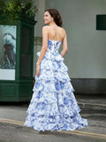 As Picture Corset Tiered Floral Ruffled Sweetheart A-Line Maxi Chiffon Prom Dress for Special Occasion