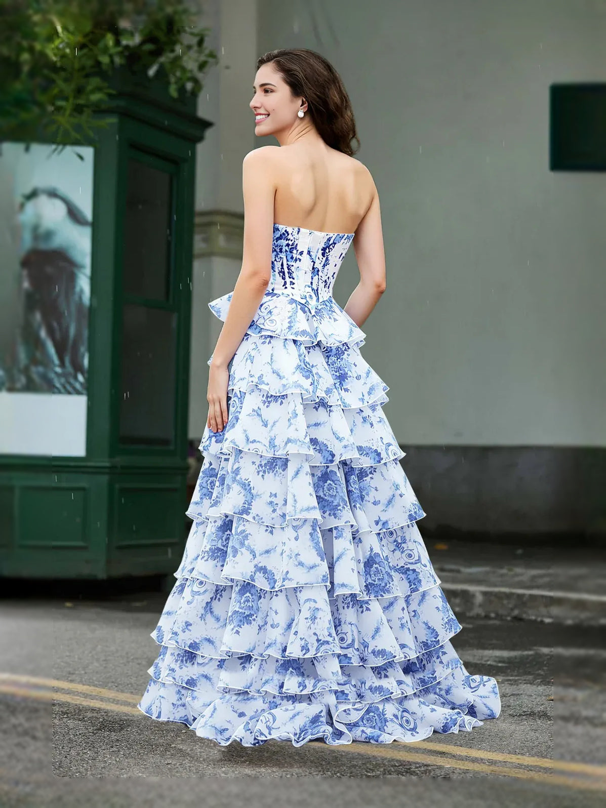 As Picture Corset Tiered Floral Ruffled Sweetheart A-Line Maxi Chiffon Prom Dress for Special Occasion
