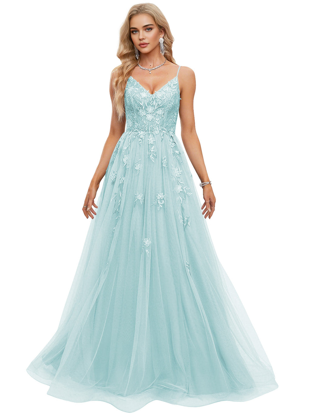 Beaded Bodice Tulle Ball Gown Prom Dress with Spaghetti Straps