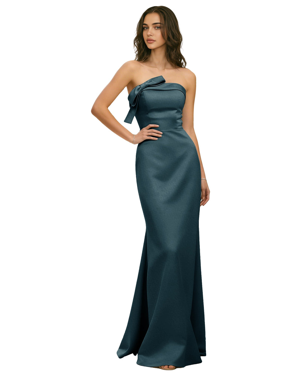 Strapless Satin Bridesmaid Dress with Draped Bodice and Side Slit