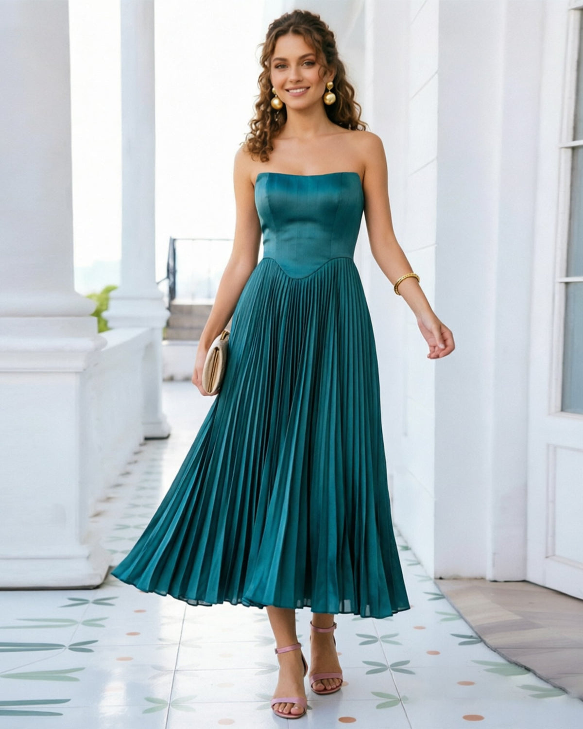 Strapless Corset Tea Length Formal Dress with Pleated dress
