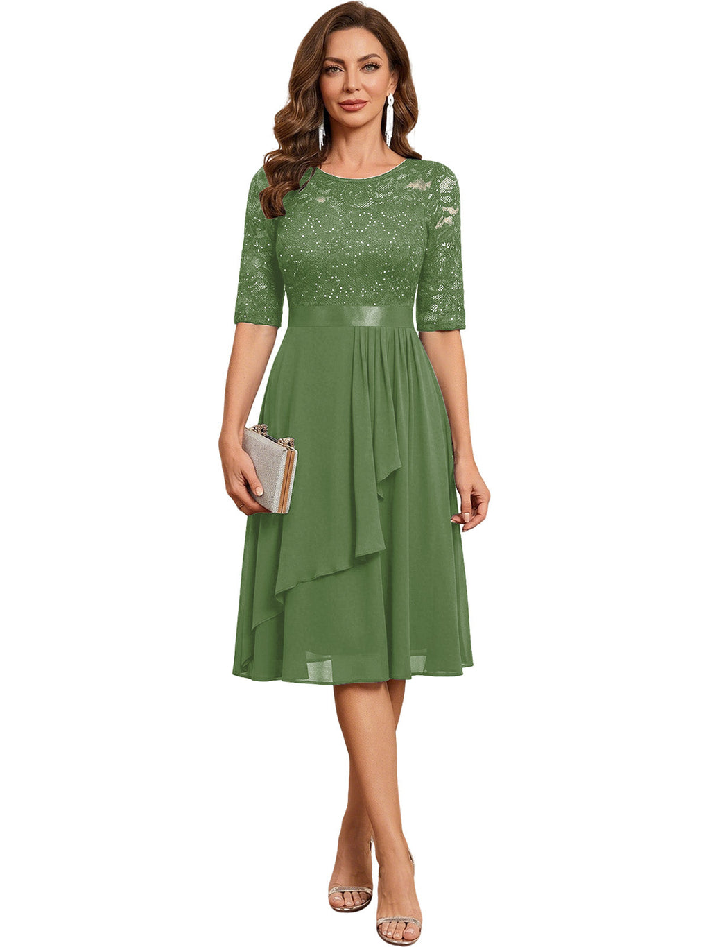 Knee Length Mother of the Bride Dress Sequined Lace Bodice Chiffon Skirt Formal Guest Outfit