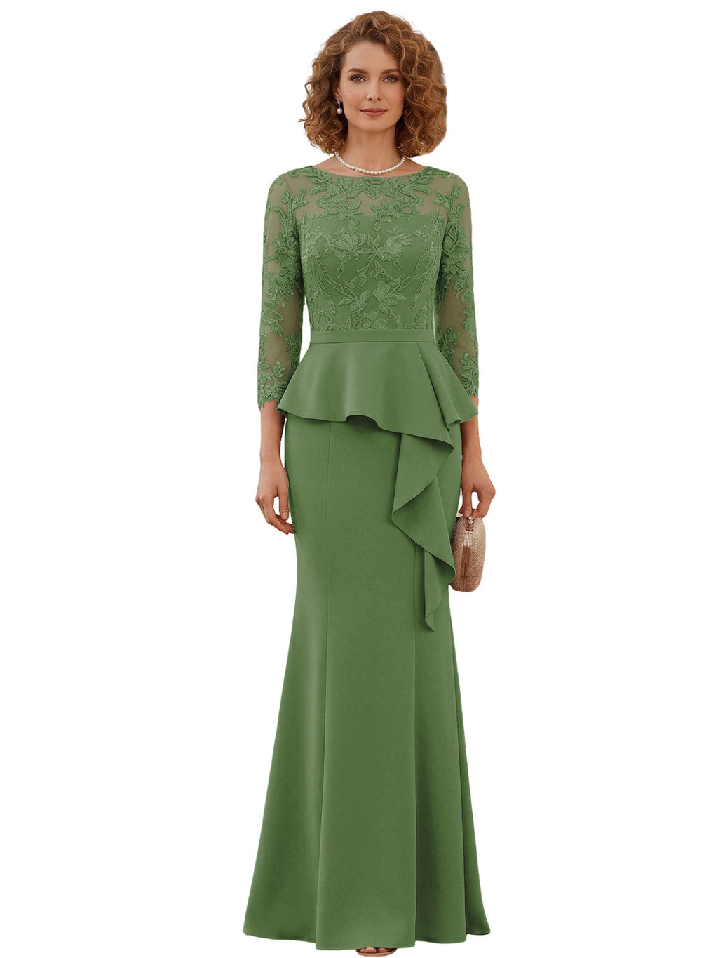 Long Mother of the Bride Dress Lace Illusion Bodice Peplum Mermaid Formal Evening Gown