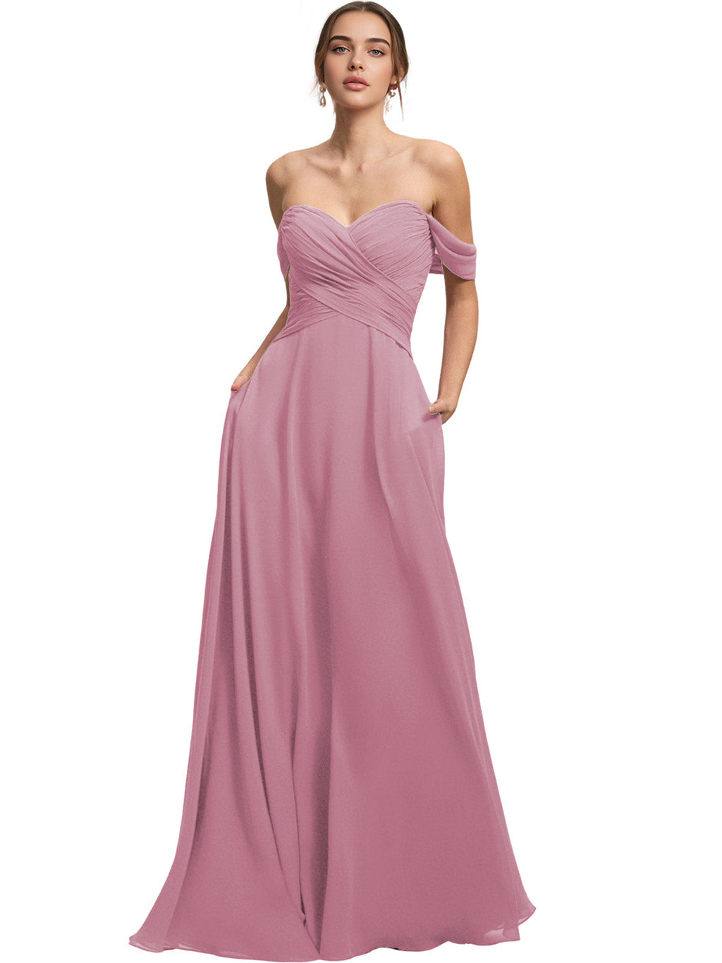 Off Shoulder Chiffon Bridesmaid Dress with Draped Bodice and A-Line Dress