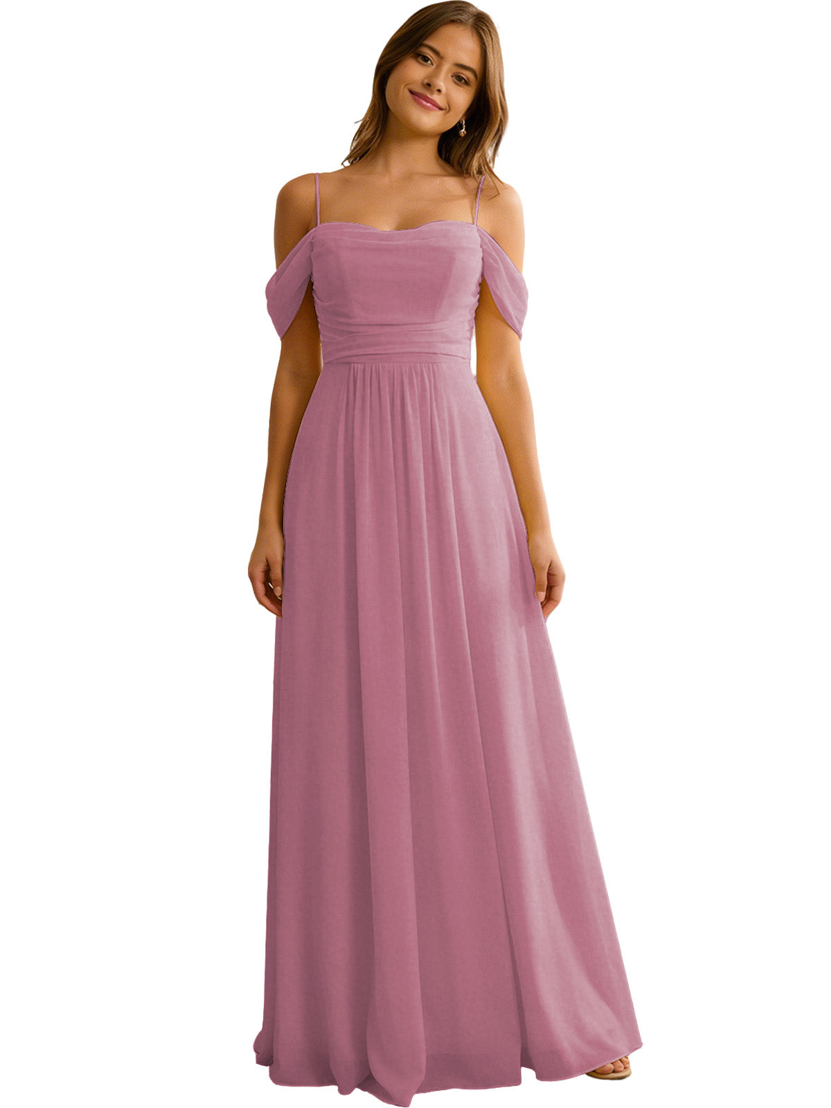 Off Shoulder Chiffon Bridesmaid Dress with Soft Pleated Bodice