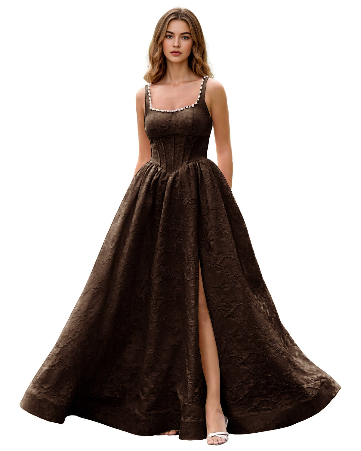 Square Neck Jacquard Ball Gown Prom Dress with Wide Straps and Pockets