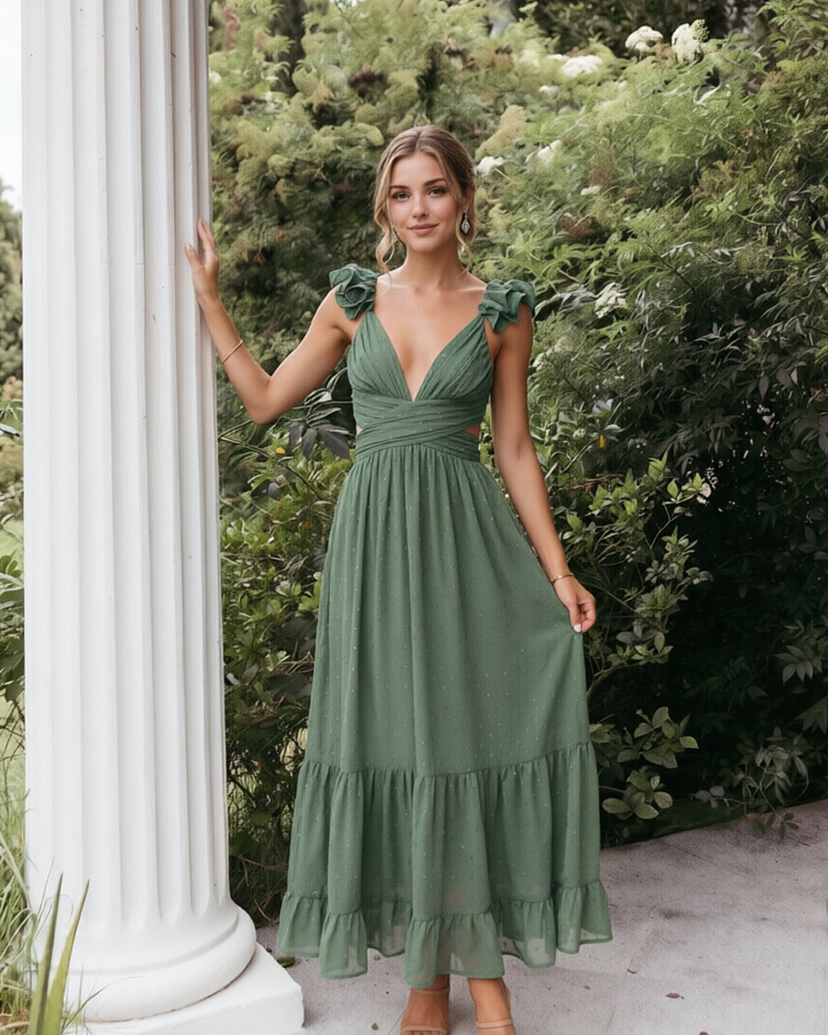 Deep V-Neck Swiss Dot Chiffon Bridesmaid Dress with Ruffle Straps