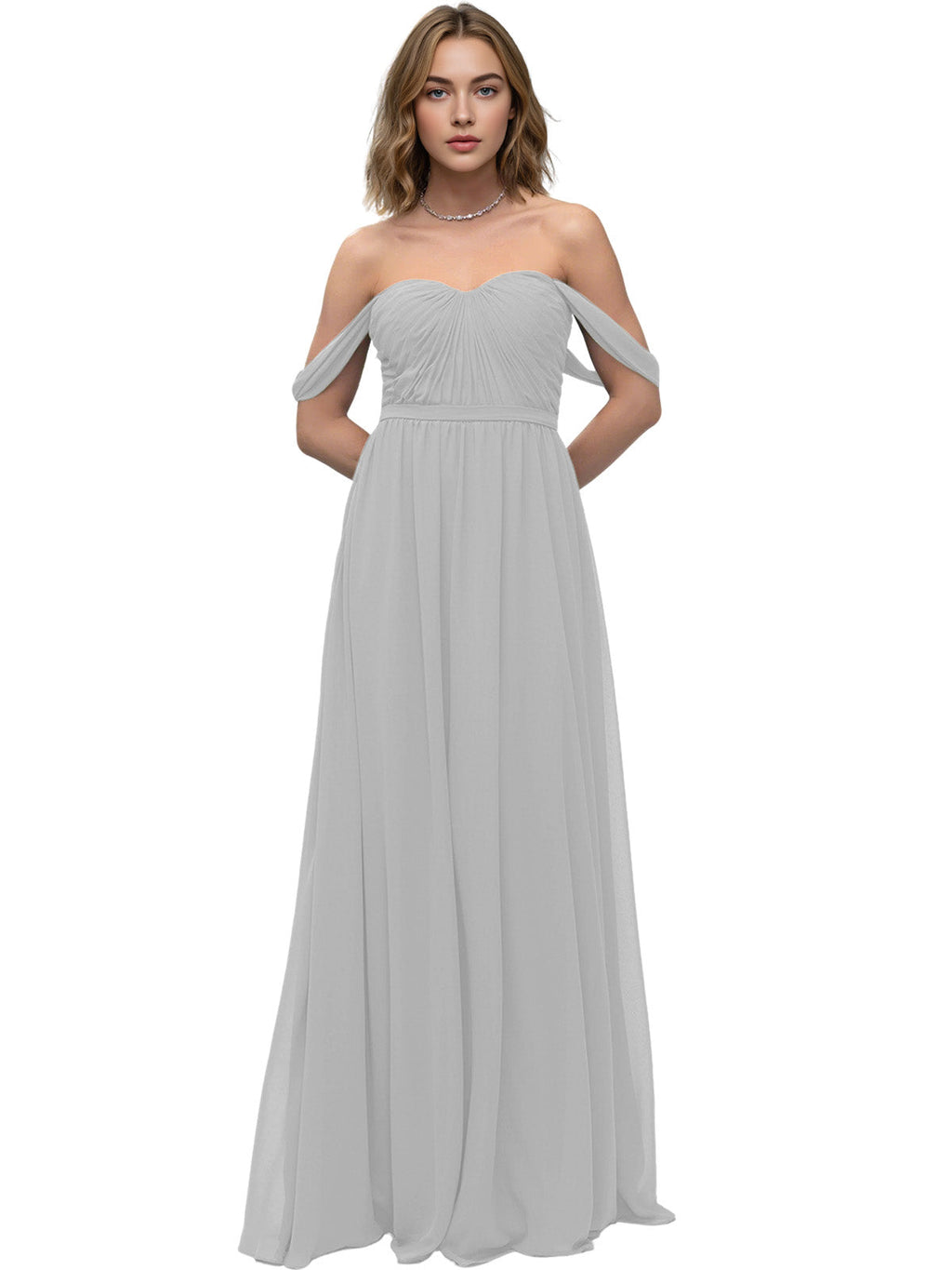 Off Shoulder Sweetheart Chiffon Bridesmaid Dress with Ruched Bodice