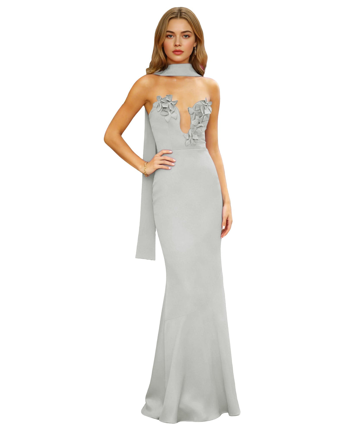Halter Neck Satin Column Prom Dress with Illusion Cutout and Open Back