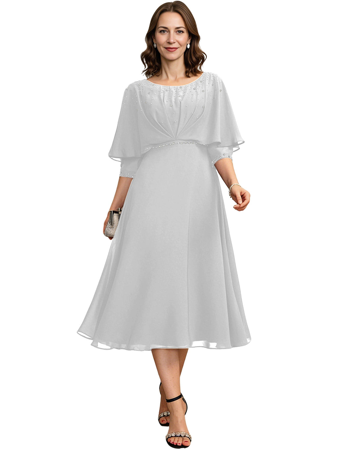 Beaded Cape Mother of the Bride Dress Tea Length Chiffon A-Line Formal Guest Gown