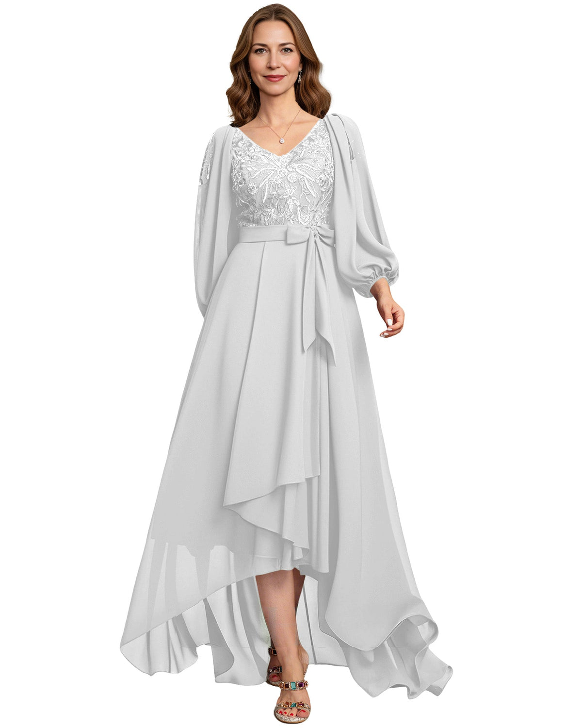 High Low Mother of the Bride Dress Lace Bodice Chiffon Jacket Formal Wedding Gown