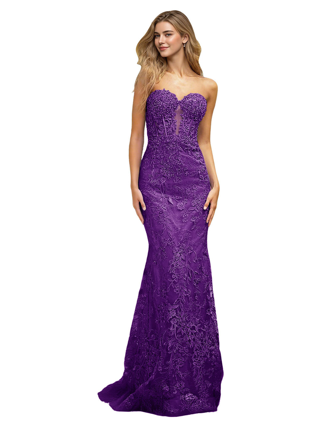 Strapless Floral Lace Mermaid Prom Dress with Sparkle Applique and Train