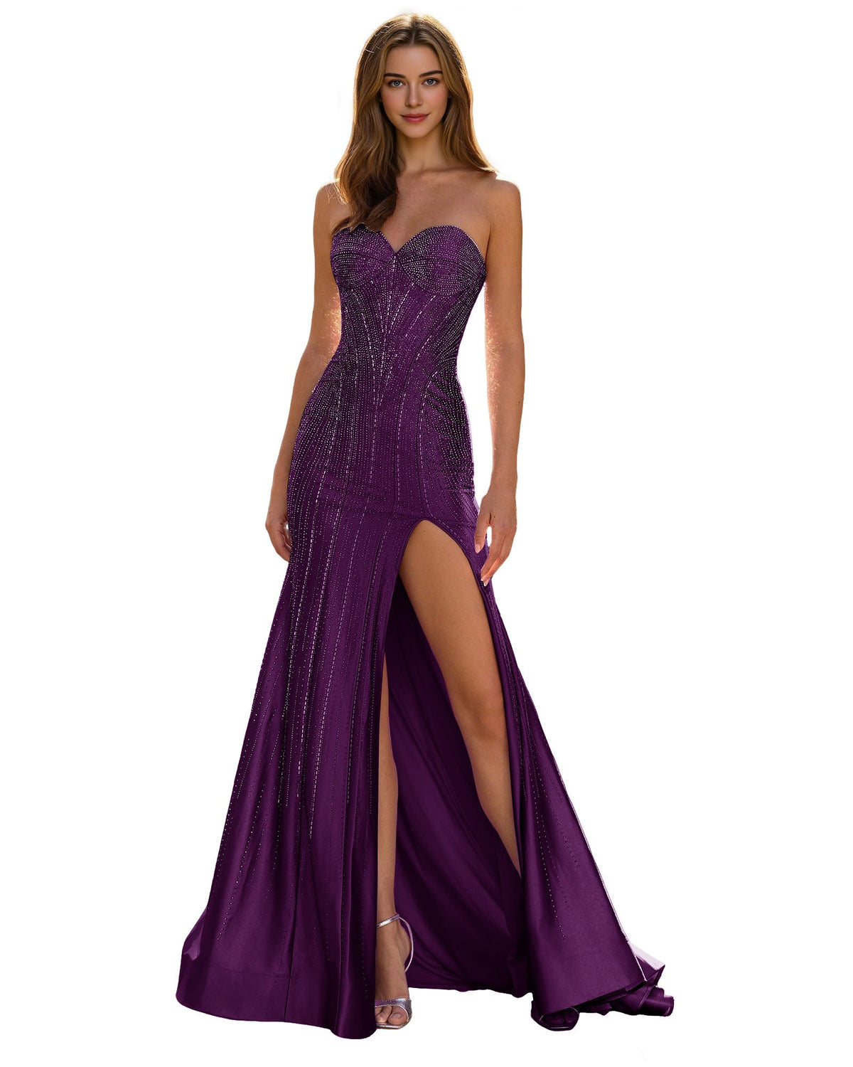 Strapless Sequin Column Prom Dress with Side Slit and Sweep Train