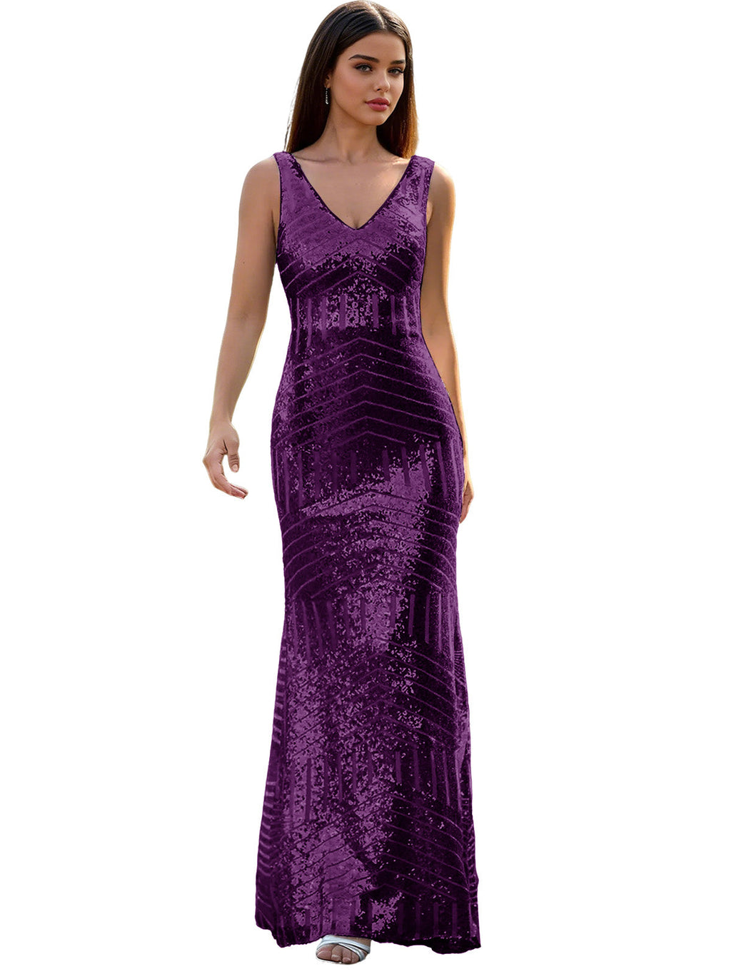 V-Neck Sequin Column Prom Dress with Beaded Waist and Low Back