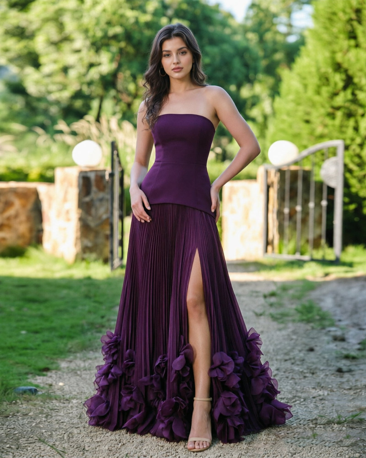 Strapless Floral Hem Formal Dress with Pleated Slit dress
