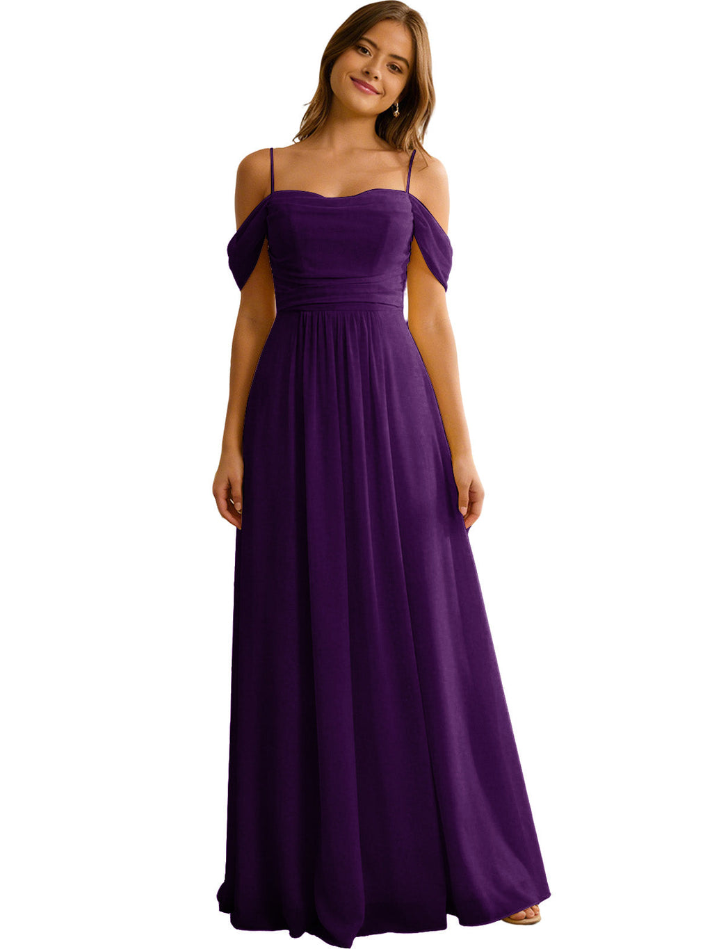 Off Shoulder Chiffon Bridesmaid Dress with Soft Pleated Bodice
