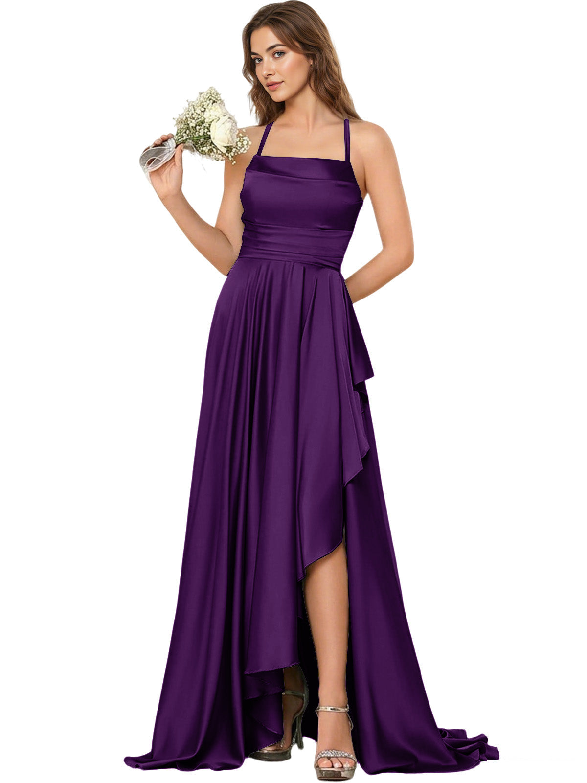 Open Back Halter Bridesmaid Dress with High Low Overlay dress