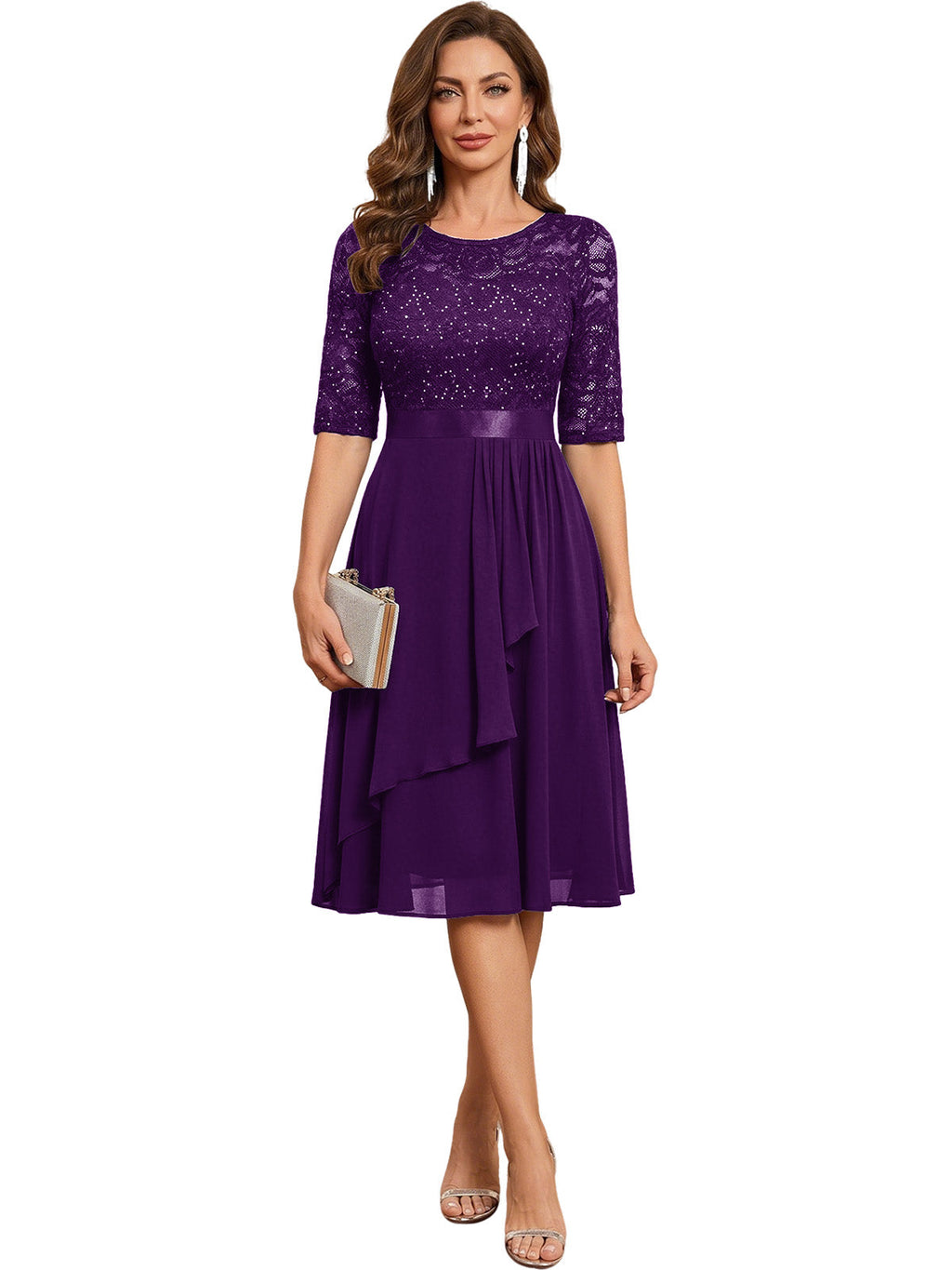 Knee Length Mother of the Bride Dress Sequined Lace Bodice Chiffon Skirt Formal Guest Outfit