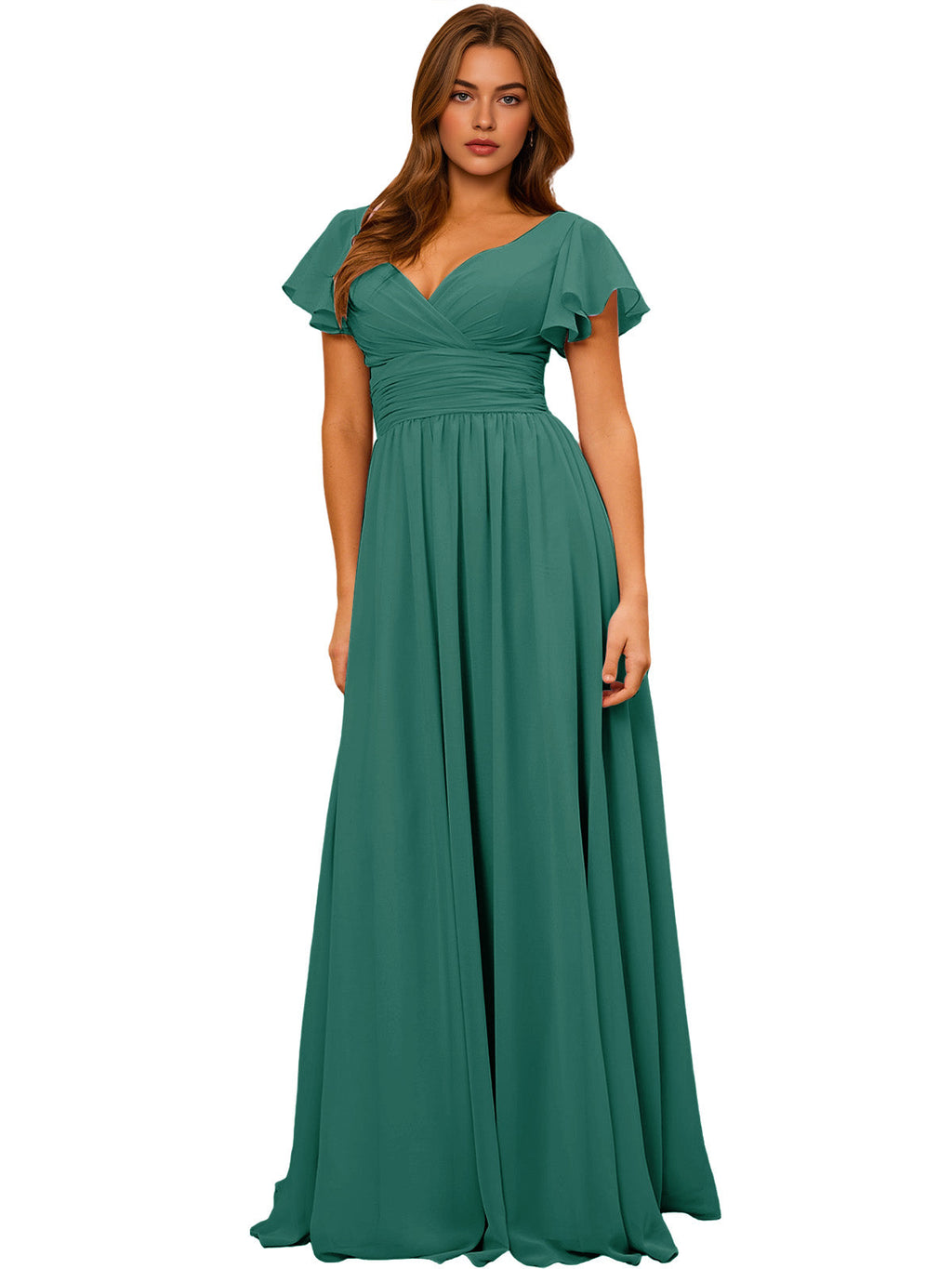 V-Neck Flutter Sleeve Chiffon Bridesmaid Dress with Empire Waist