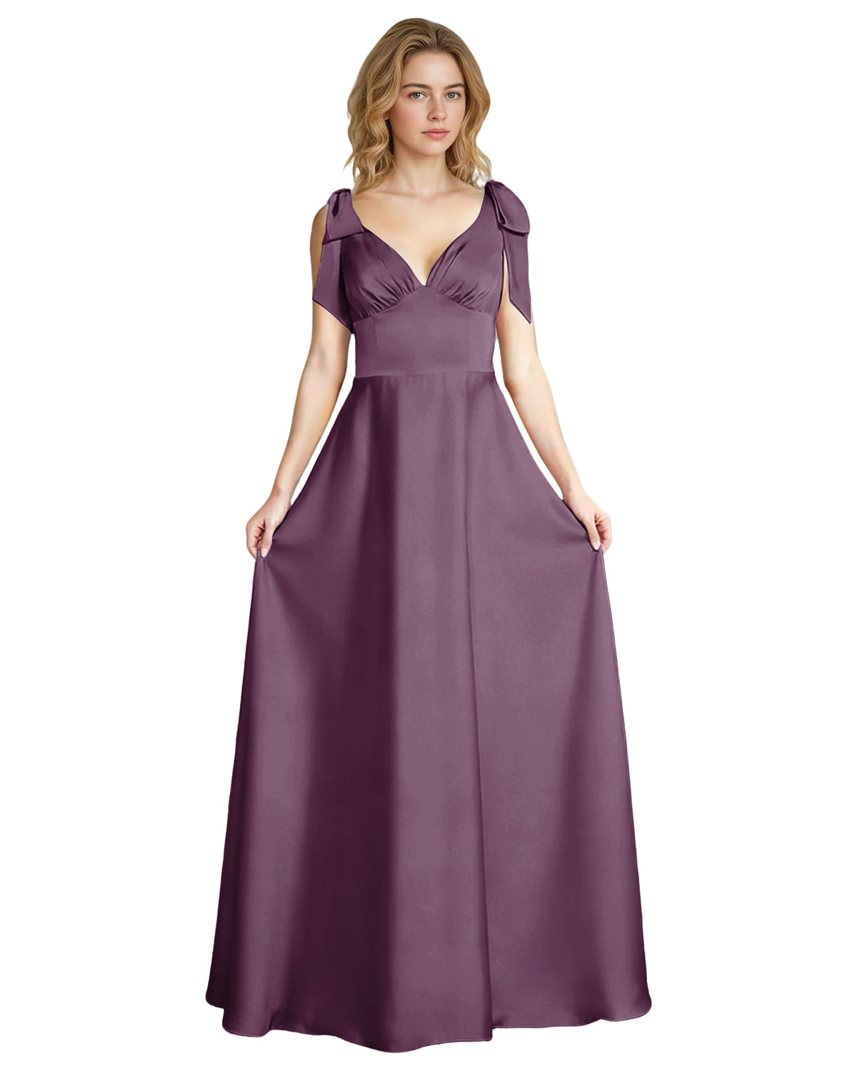 V-Neck Bow Strap Satin Bridesmaid Dress with Empire Waist
