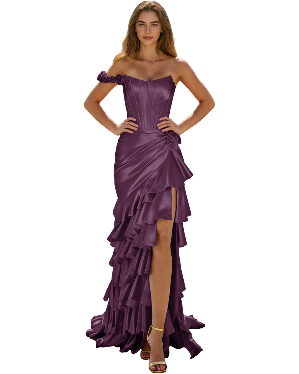 Off Shoulder Ruffle High Low Prom Dress with Tiered dress and Corset Waist
