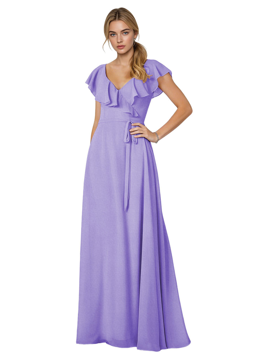 Tie Neck Chiffon Bridesmaid Dress with Flutter Sleeves