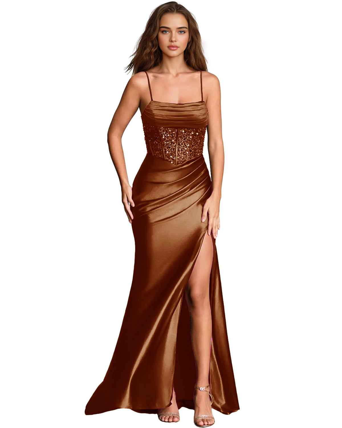 Square Neck Satin Sheath Prom Dress with Spaghetti Straps and Side Slit