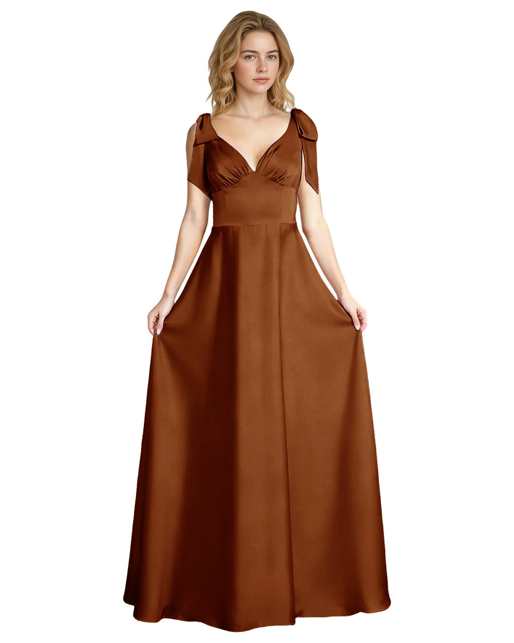 V-Neck Bow Strap Satin Bridesmaid Dress with Empire Waist