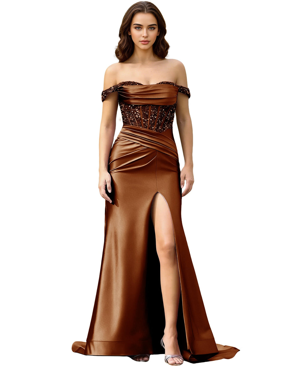 Off Shoulder Ruched Satin Prom Dress with Basque Waist and Front Slit