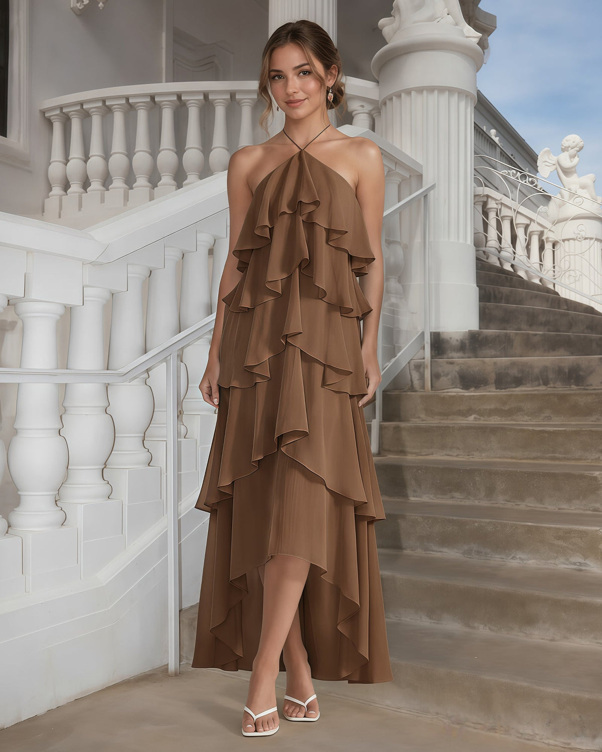One-Shoulder Tiered Ruffle High-Low Chiffon Formal Dress