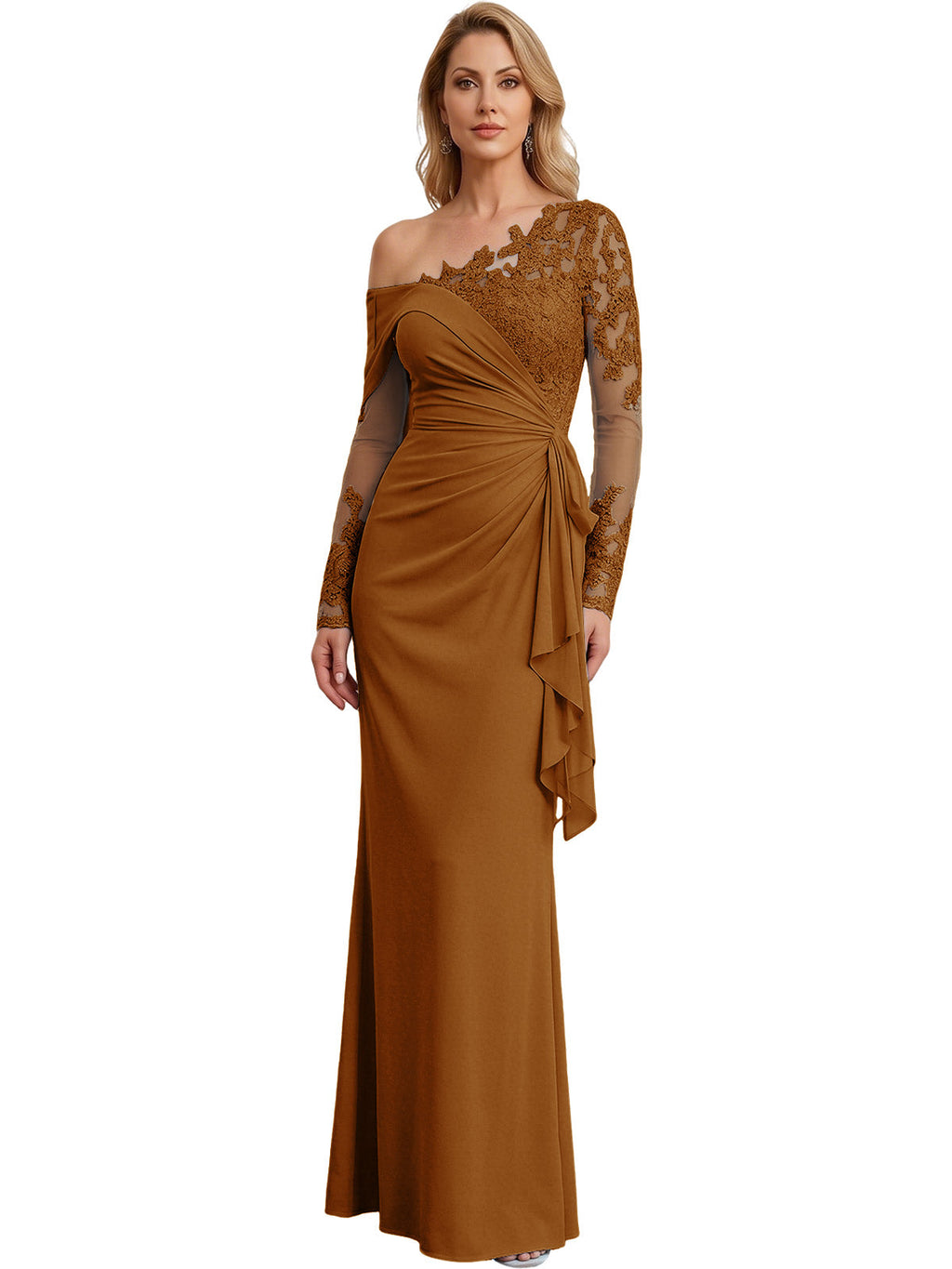 One Shoulder Mother of the Bride Gown Long Lace Sleeve Mermaid Dress with Draped Ruffle