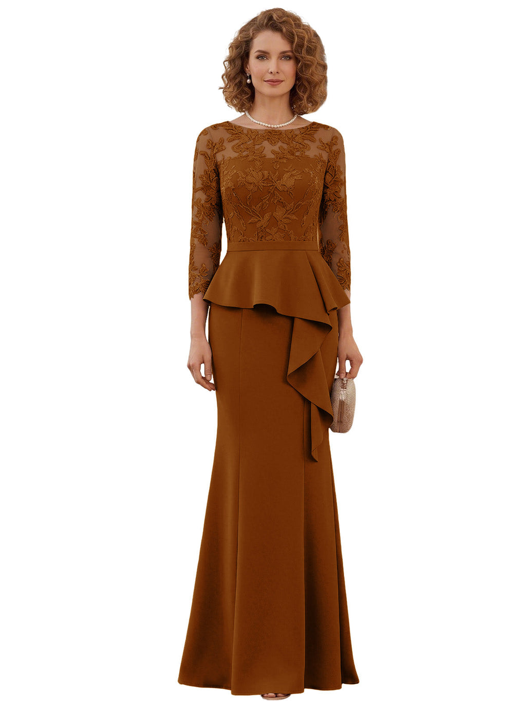 Long Mother of the Bride Dress Lace Illusion Bodice Peplum Mermaid Formal Evening Gown