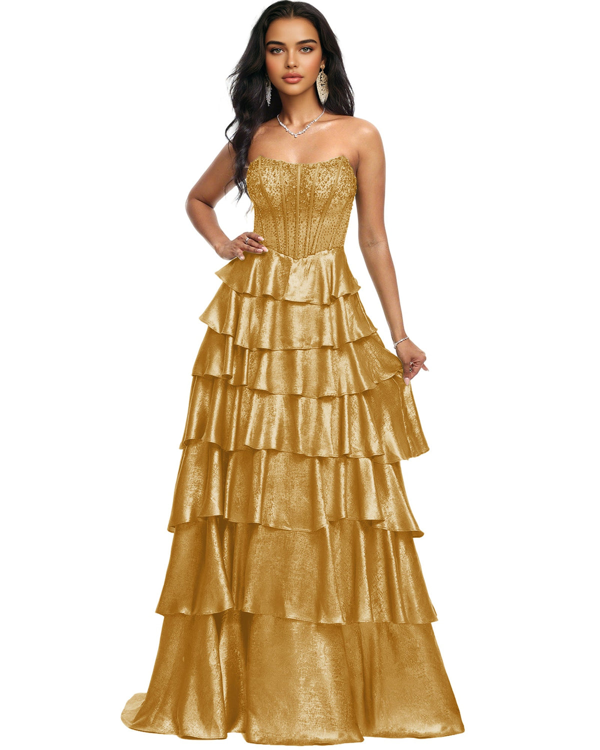 Strapless Tiered Sequin A-Line Prom Dress with Ruffle Layers