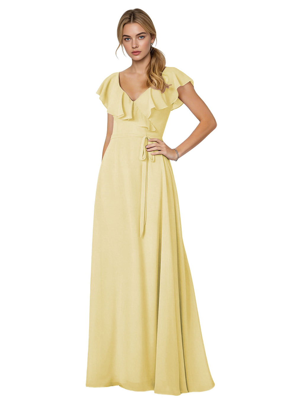 Tie Neck Chiffon Bridesmaid Dress with Flutter Sleeves