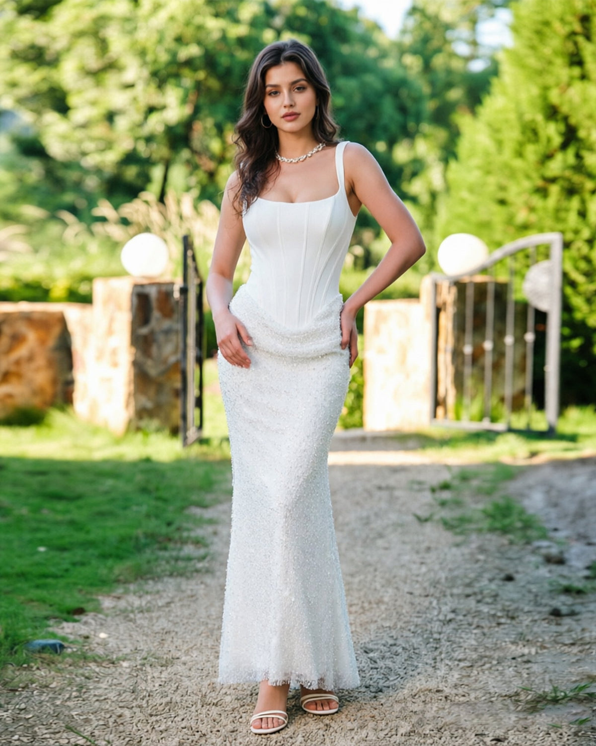 Square Neck Sequin Lace Formal Dress with Beaded Midi dress