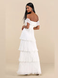 White Pleated Off Shoulder A-Line Maxi Chiffon Formal Dress for Opera Evening