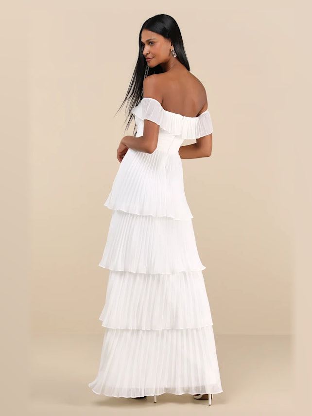 White Pleated Off Shoulder A-Line Maxi Chiffon Formal Dress for Opera Evening