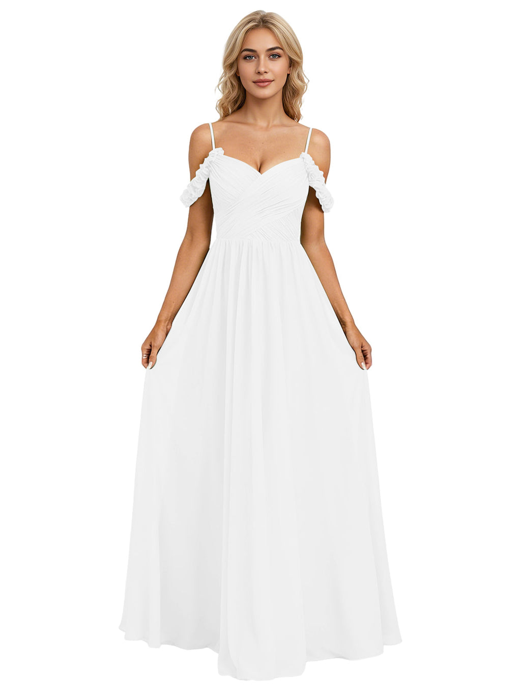 Off Shoulder Lace Applique Bridesmaid Dress with Flowing Chiffon dress