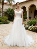 Off Shoulder Lace Tulle A-Line Wedding Dress with Sweetheart Bodice