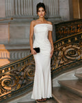 Off Shoulder Fitted Formal Dress with Beaded Bodice and Draped Dress