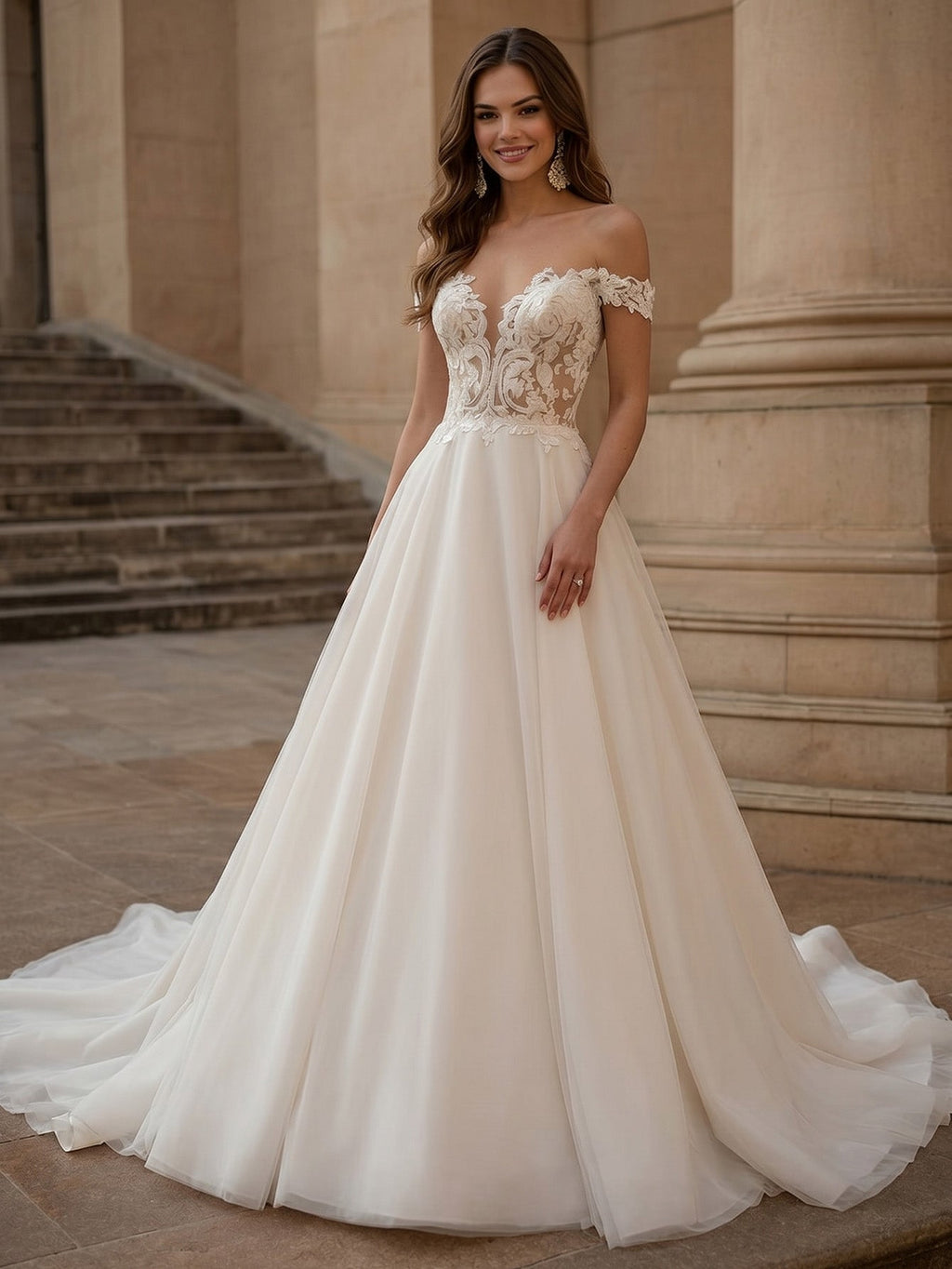 Off Shoulder Lace A-Line Wedding Dress with Illusion Bodice and Train