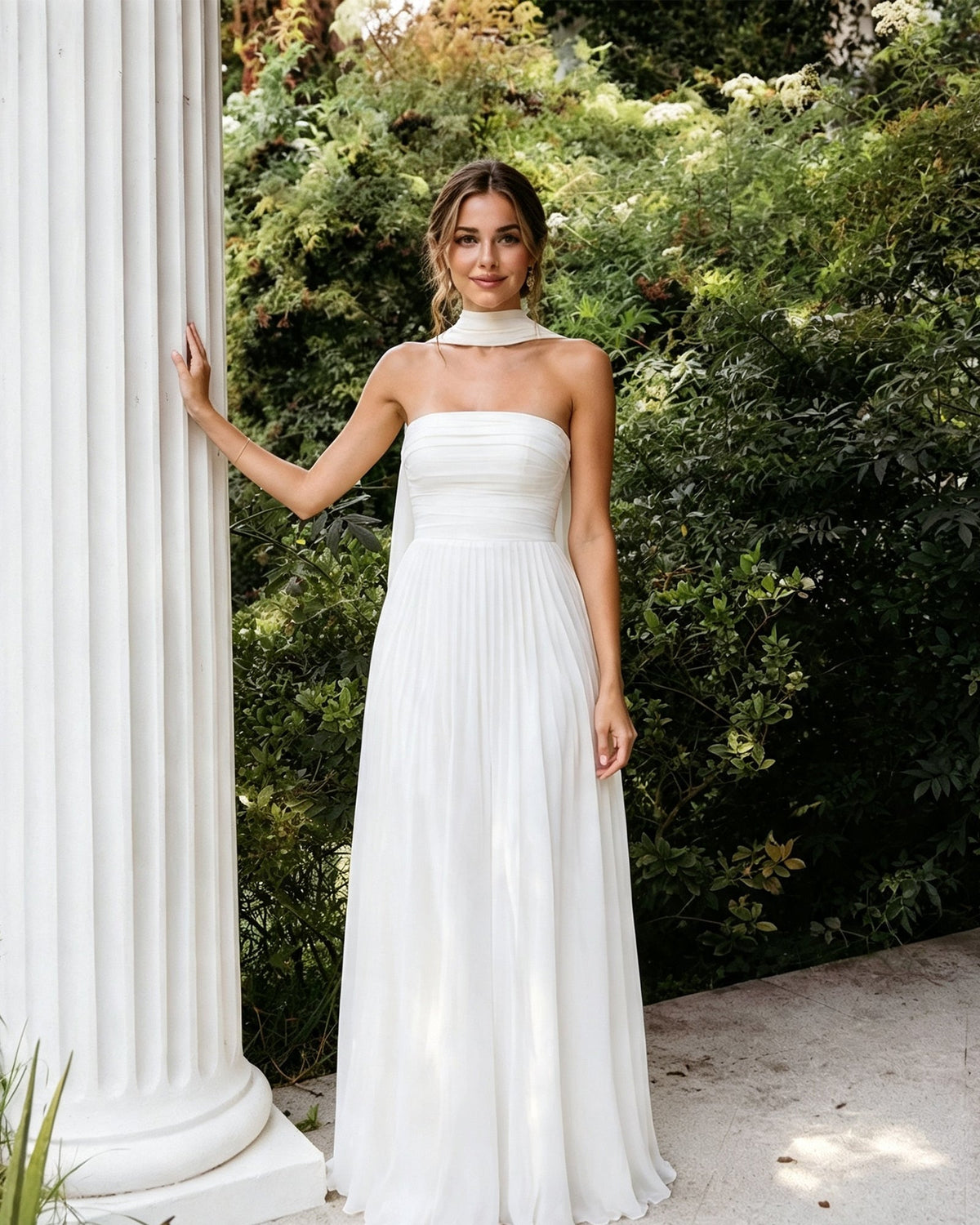 Strapless Chiffon A-Line Bridesmaid Dress with Neck Scarf and Lace-Up Back