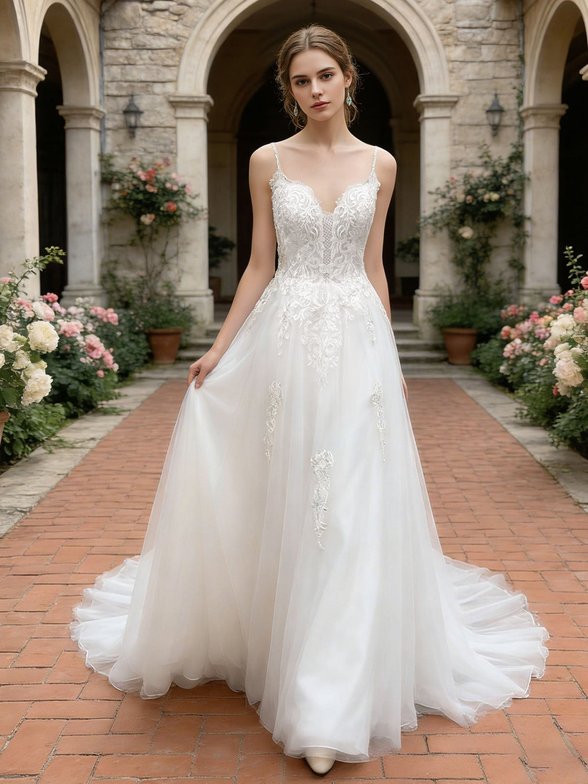 Strapless Lace Tulle Ball Gown Wedding Dress with Sweetheart Neckline