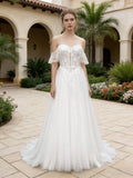 Off Shoulder Lace Tulle A-Line Wedding Dress with Flutter Sleeve