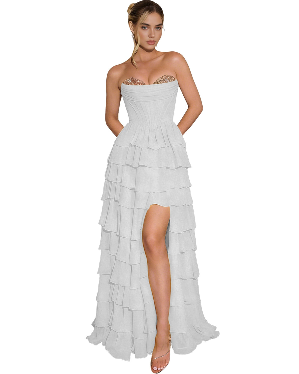 Strapless Layered Tulle Prom Dress with Corset Bodice and High Low Hem